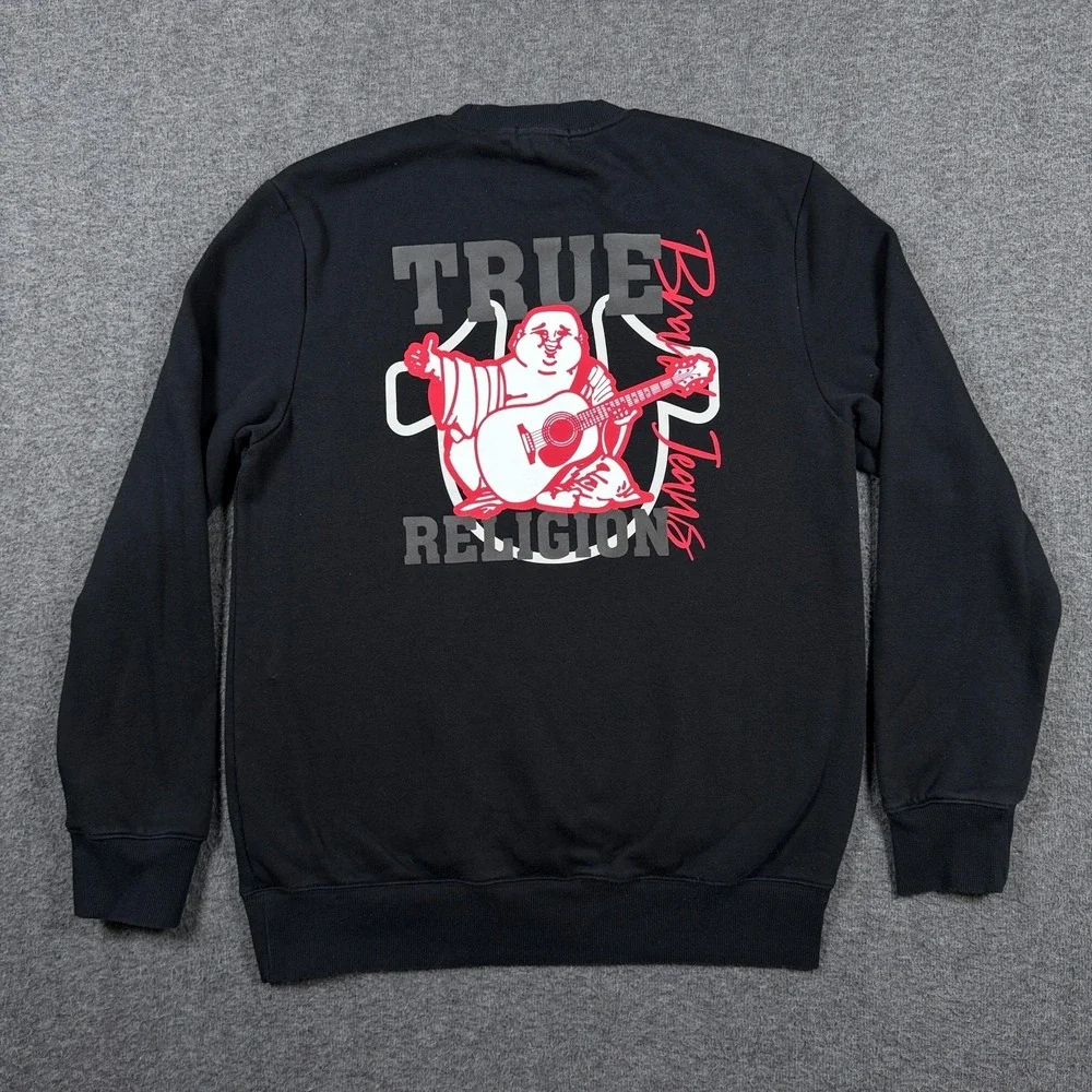 True Religion Sweatshirt Mens Large Black Bold Graphic Crew Neck Fleece Pullover